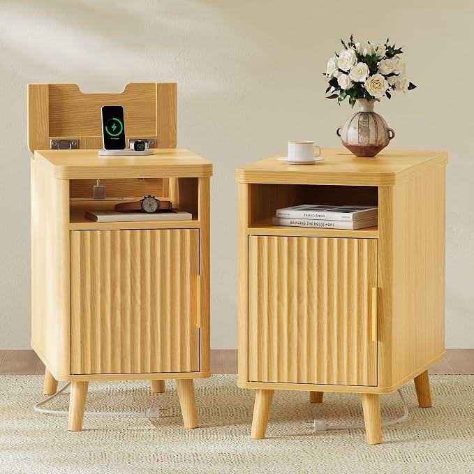 Huuger Narrow Nightstand with Charging Station, USB-C Port, Fluted End Table by Huuger