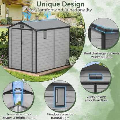 6 x 8 FT Resin Shed with Floor & Skylight, 14MM Thick Panel Storage Shed | - Image 5