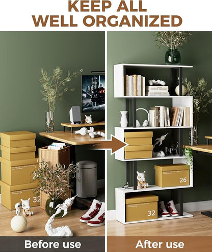 5 Tier Geometric Bookcase, S Shaped Bookshelf, Wood Decorative Storage Shelving - Image 7