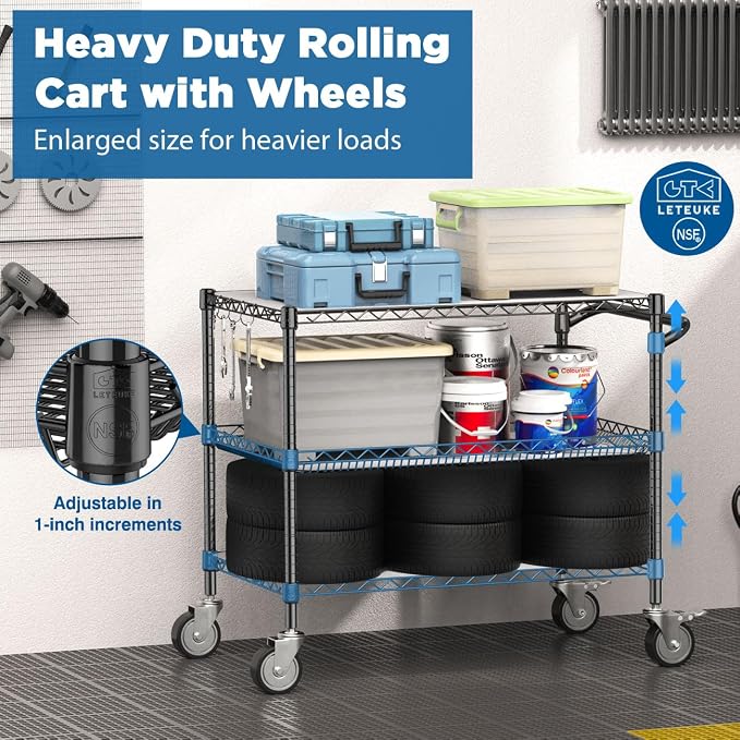 Leteuke 1120LBS Heavy Duty Rolling Utility Cart, 3 Tier Rolling Carts - Image 2