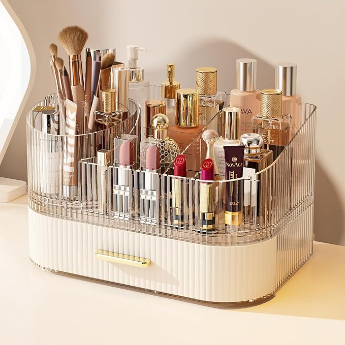 Makeup Organizer with 360° Rotating Brush Holder and Stackable Drawers by Unknown