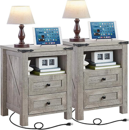 Nightstands Set of 2 with Charging Station, Farmhouse Night Stand with 2 by Joaxswe