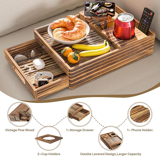 Vintage Wood Couch Cup Holder, 7-in-1 Couch Caddy Tray, Sofa Side Table - Image 5