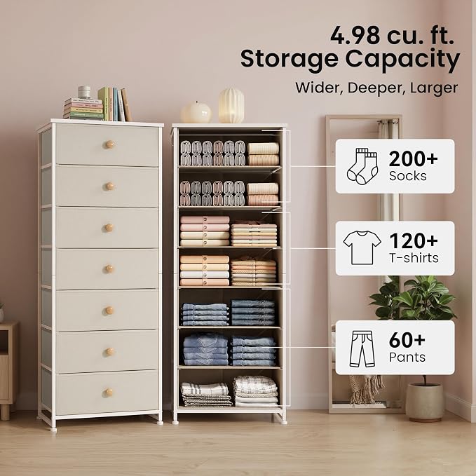 Fabric Dresser for Bedroom, 7-Drawer Tall Vertical Storage Tower | Wooden Top - Image 4