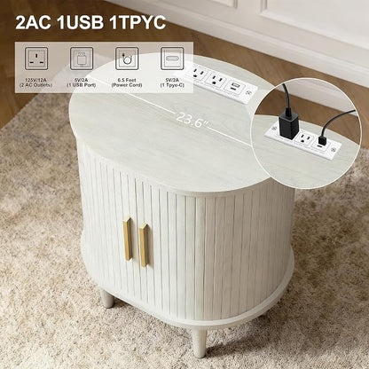 Nightstand with Charging Station, Fluted Accent Side Table with Sliding Door & - Image 5