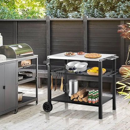 Grill Cart Table with Three Shelf, Movable Outdoor Dining Cart Pizza Oven Stand - Image 2