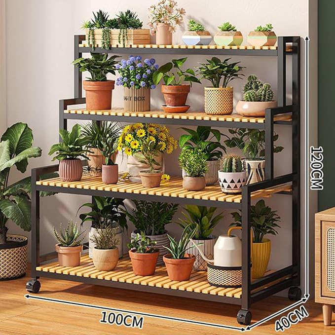 Rolling Plant Stand Bamboo 4 Tier Plant Stand Rack Shelf - Image 2