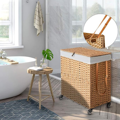 Greenstell Laundry Hamper with Wheels, No Install Needed, 110L Divided - Image 2