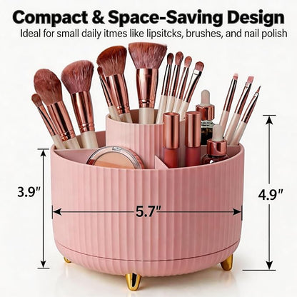 360 Rotating Makeup Brush Holder Organizer, 5-Slot Pink Spinning Cup - Image 2