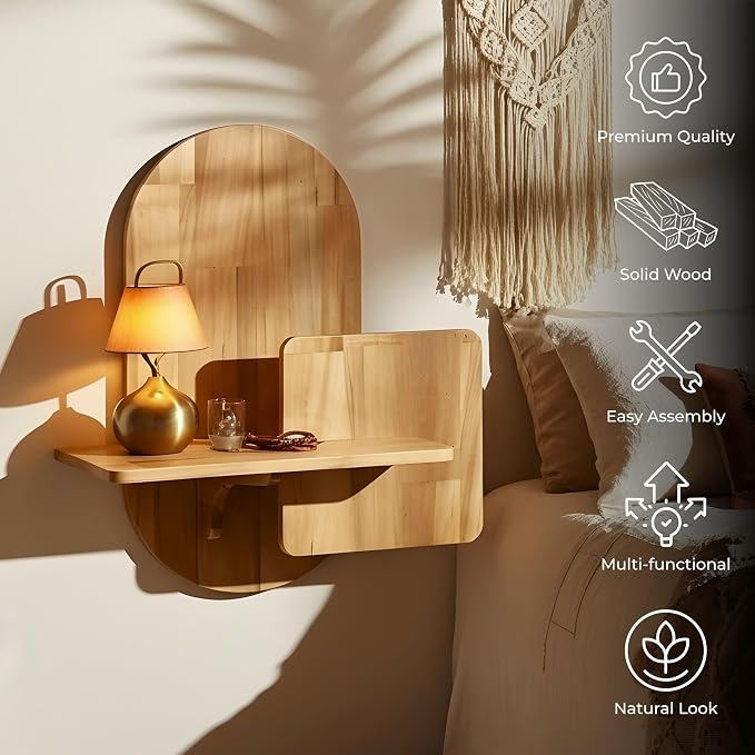 Behomes Claudia Solid Wood Floating Nightstand, Boho Wall Mounted Bedside Table - Image 3