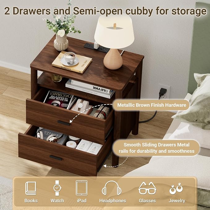 Night Stand with Charging Station, 2 Drawers Nightstand with Open Shelf - Image 5