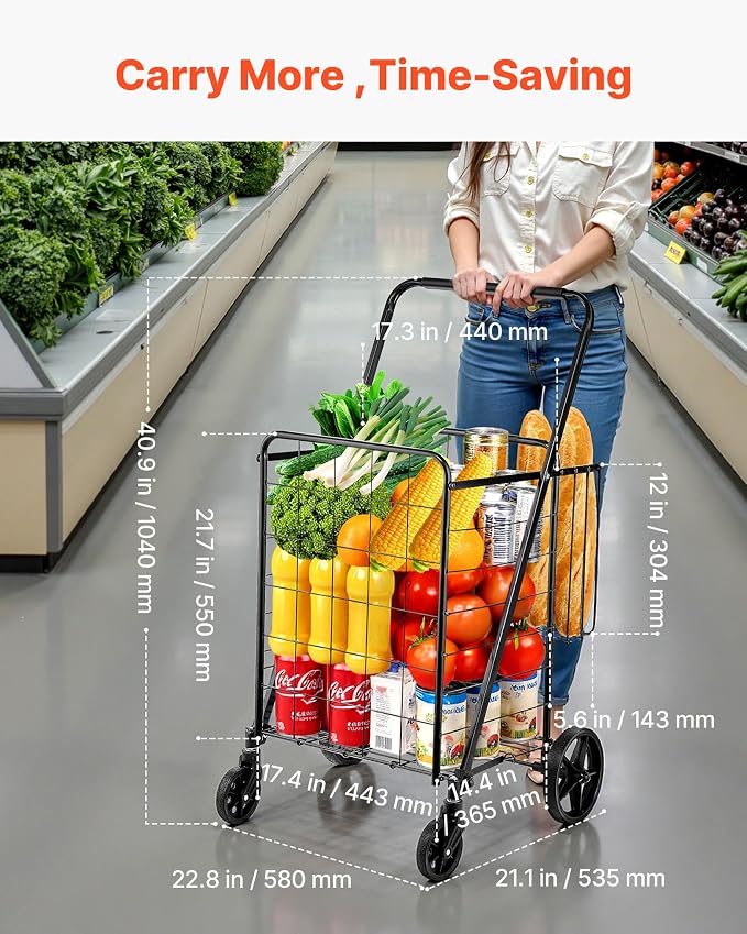 VEVOR Folding Shopping Cart, Double Baskets, 360° Swivel Wheels, 110 LBS Large - Image 3