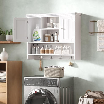 Bathroom Wall Cabinet with Doors and Hooks, 3-Tier Wall Mounted Cabinet | - Image 4
