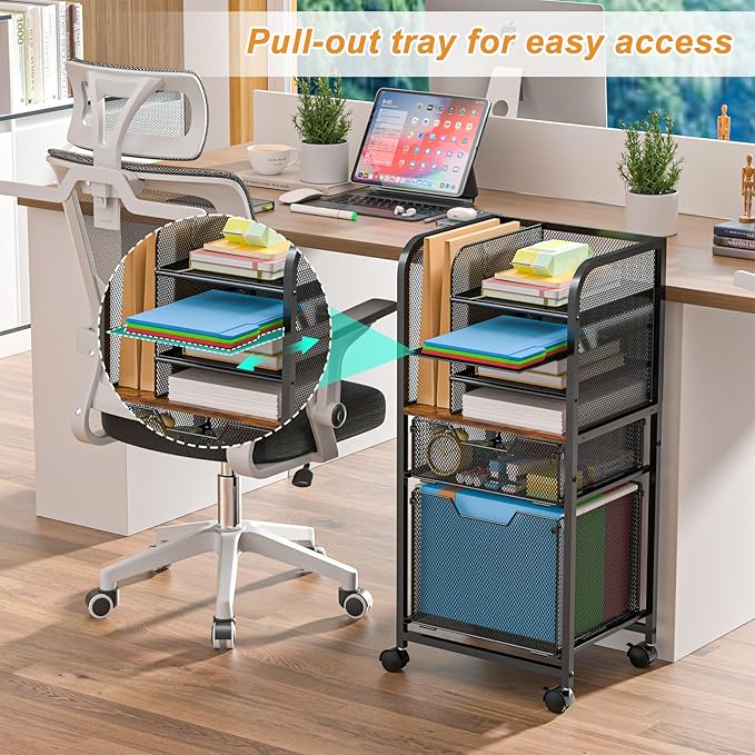 6-Tier Rolling File Cart with 2 Drawers, File Cabinet Organizer - Image 2