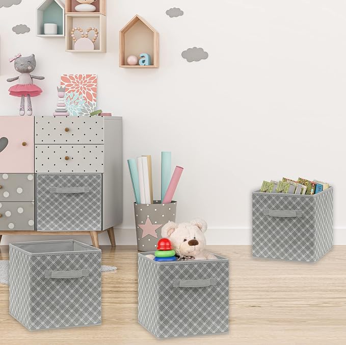 Simple Houseware 11-Inch Foldable Cube Storage Organizer Bin, Geometric Grey - Image 3