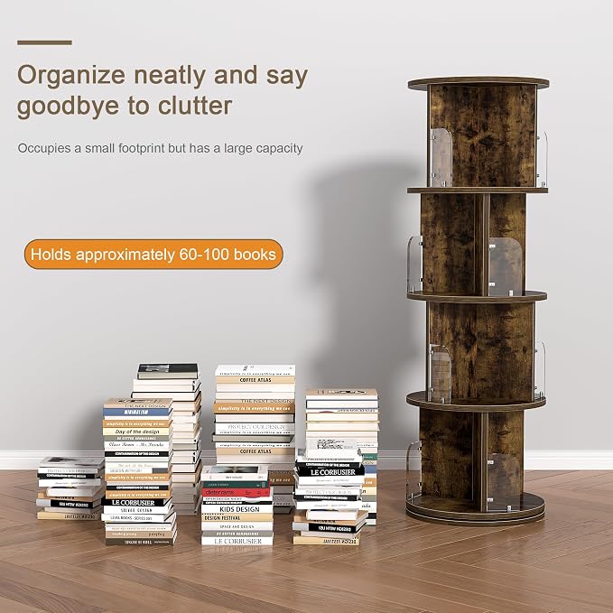 VECELO Rotating Bookshelf Tower, 360°Revolving Bookcase, Round Book Shelf - Image 5