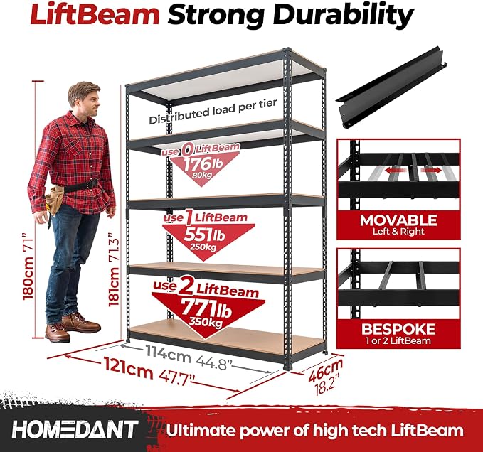 HOMEDANT 5 Tier Storage Shelves Adjustable Laminated Boltless Garage Metal - Image 2