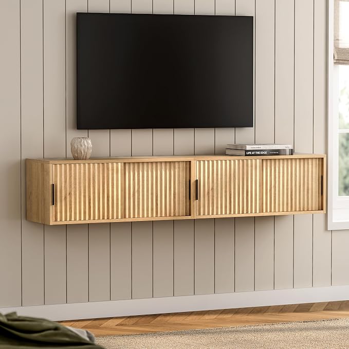 Floating TV Stands Set of 2, Modern Fluted Large Floating Nightstand Wall by EYYTHUNG