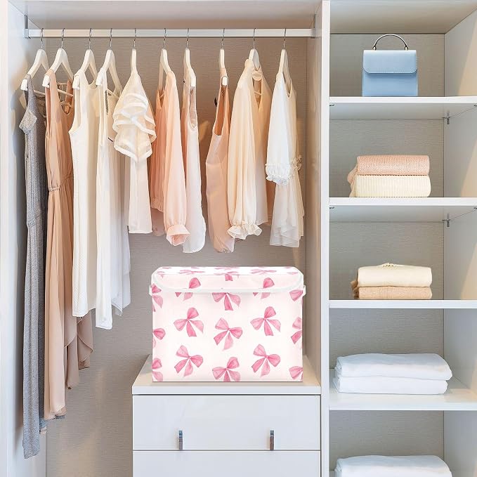Pink Bow Storage Bins with Lids and Carrying Handle, Foldable Storage Boxes - Image 6
