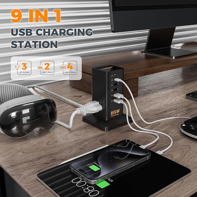 USB Charging Station for Multiple Devices PD 65W, TESSAN 9-in-1 USB C Charger - Image 4