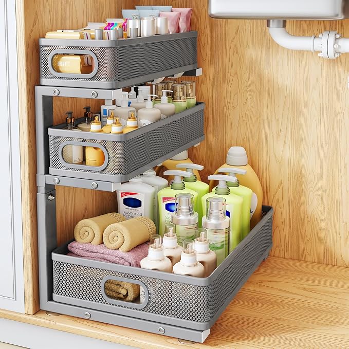 Under Sink Organizer, Height Adjustable Slide out Storage Drawer Rack by HERJOY
