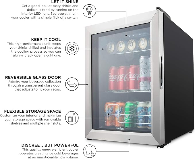 Ivation 62 Can Beverage Refrigerator, Freestanding Ultra Cool Mini Fridge - Image 5