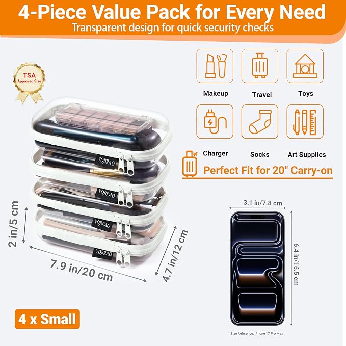 YQBRAO 4-Pack Clear Hard Shell Zipper Case, 1.2mm Ultra-Thick Diaper Bag - Image 4
