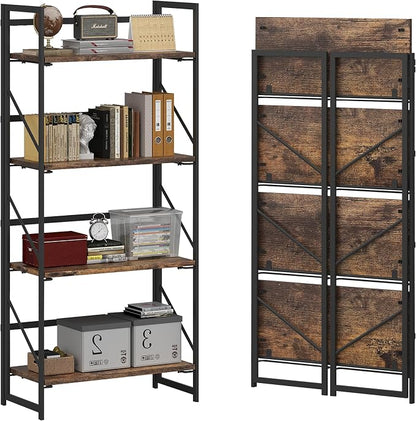 JSB No Assembly Folding Bookshelf, 4 Tier Industrial Metal Book Shelf by HomeFurniture