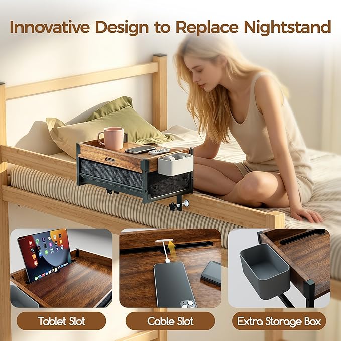 Bedside Shelf for Dorm Room, 2 Tier On Bed Side Table Loft Shelf for Bunk Bed - Image 3
