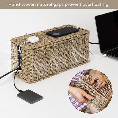 StorageWorks Large Cable Management Box, 2 Slots Wicker Cable Organizer to Hide - Image 5