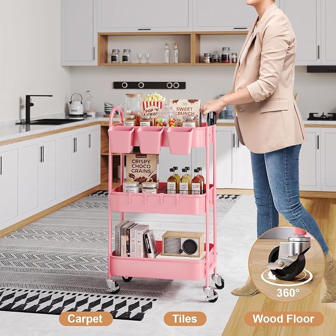 3 Tier Metal Rolling Cart with Lockable Wheels and Handle, Three Tiered Pink - Image 3