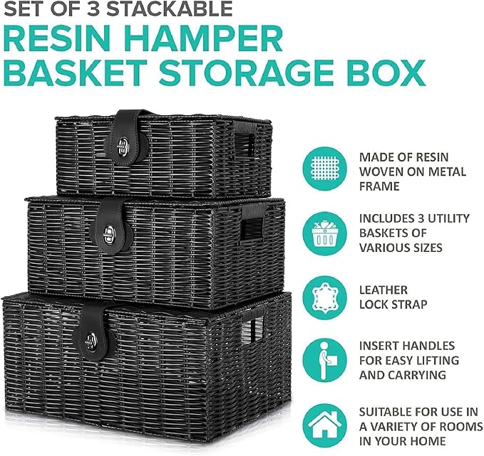 Set of 3 Woven Wicker Storage Basket Box - Image 4