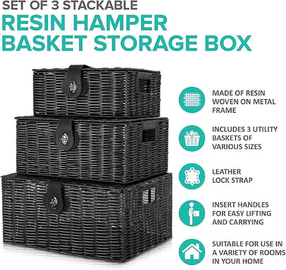 Set of 3 Woven Wicker Storage Basket Box - Image 4
