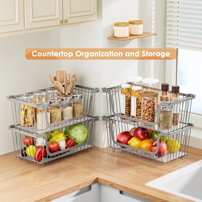4 Pcs Stackable Wire Baskets for Pantry Organizers and Storage, Produce Potato - Image 3
