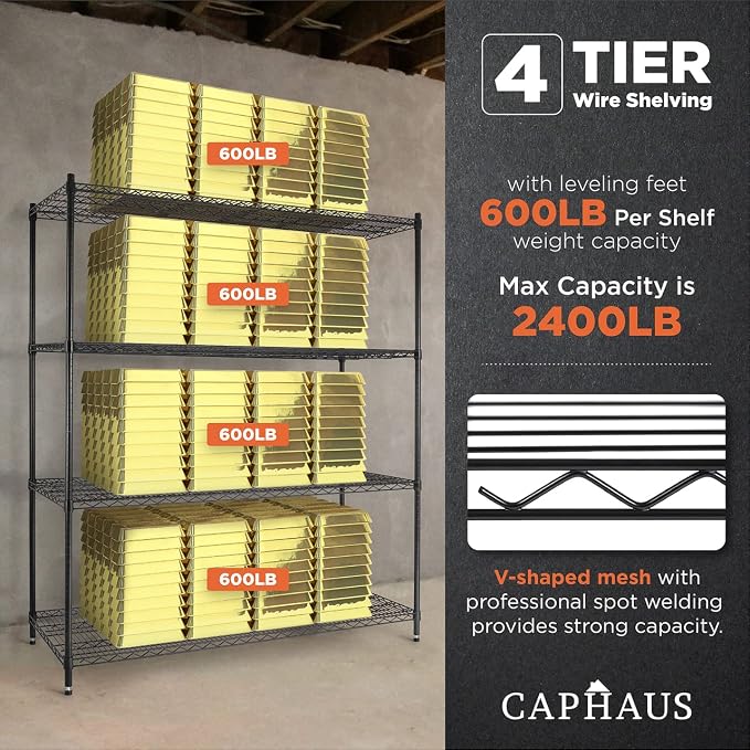 CAPHAUS 4-Tier Commercial Grade Heavy Duty Adjustable Height Wire Shelving - Image 6
