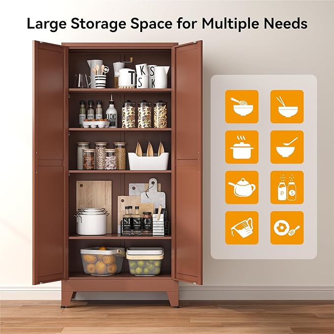 COFaR 71" Metal Pantry Cabinet in Brown, 5-Tier Storage - Image 6