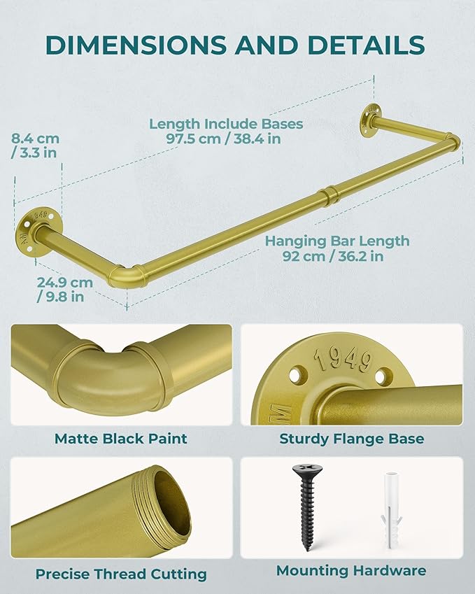OROPY Industrial Pipe Clothes Rack Wall Mounted Set of 2, 38.4 inches Heavy - Image 4
