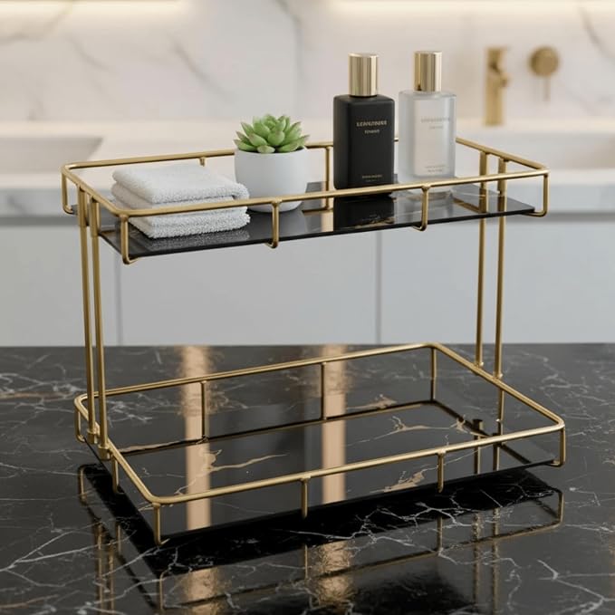 2-Tier Black Marble Bathroom Countertop Organizer – Glass Shelves & Gold Metal by Unknown