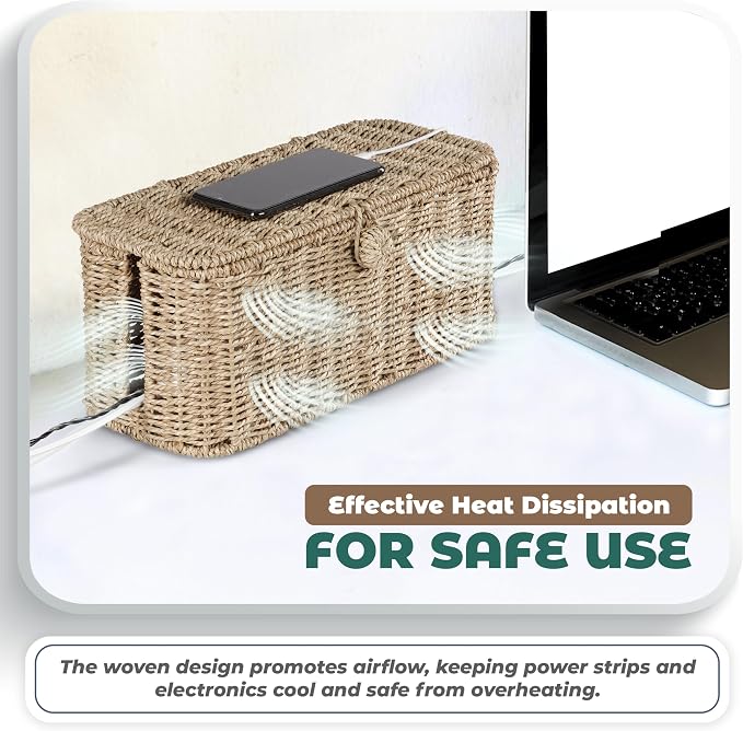 BLUEWEST Large Cable Management Box, Natural Rattan Cable Cord Organizer Boxes - Image 6