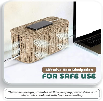 BLUEWEST Large Cable Management Box, Natural Rattan Cable Cord Organizer Boxes - Image 6