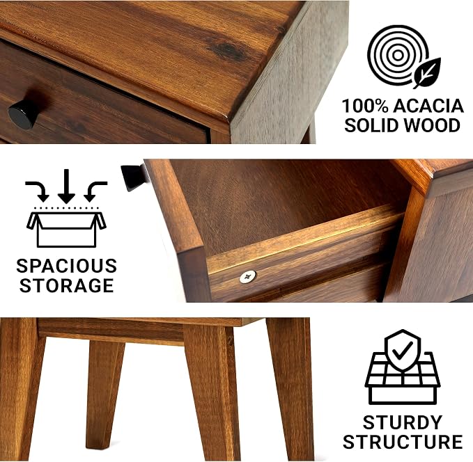 Acacia Sofia Nightstand with Drawer, Bedside Table, Solid Wood Bedside End - Image 3