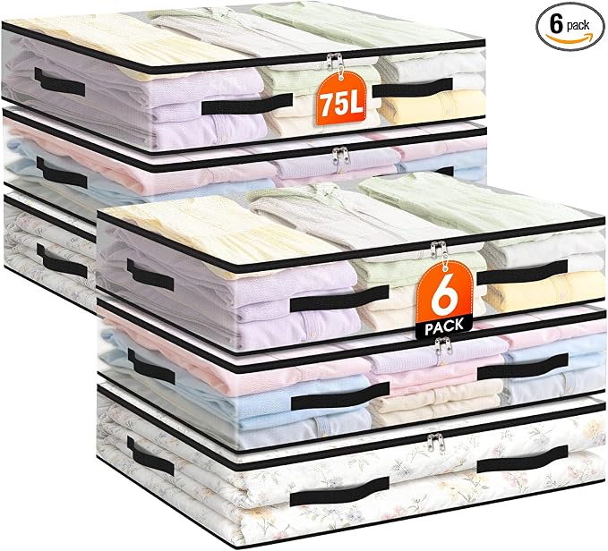 6 Pack Under Bed Storage Bags, 75L Foldable Clear Storage Containers by Unknown