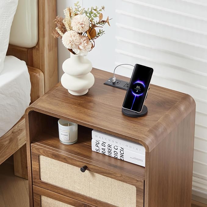 Modern Night Stand with Charging Station and 2 Drawers, Wooden Side Table - Image 9