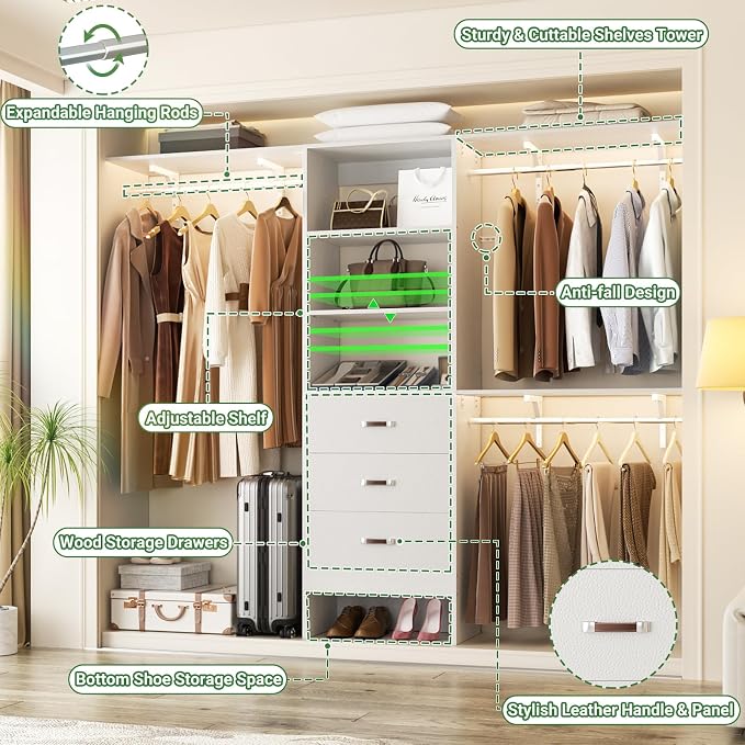 Closet System with 3 Drawers - 8FT Wood Closet Organizer with 3 Shelving Tower - Image 4