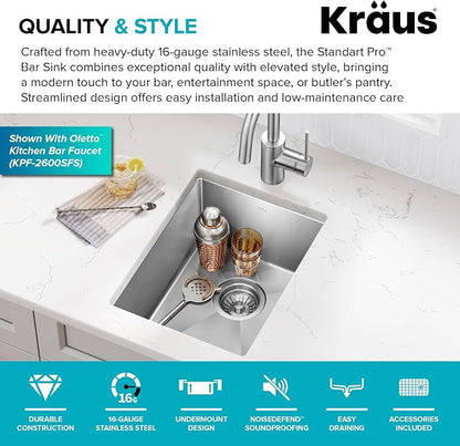 KRAUS Standart Pro 14 -inch Undermount Single Bowl 16 Gauge Stainless Steel Bar - Image 4