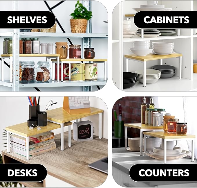 Simple Houseware Stackable Cabinet Counter Shelf Wooden Surface, Oak | - Image 7