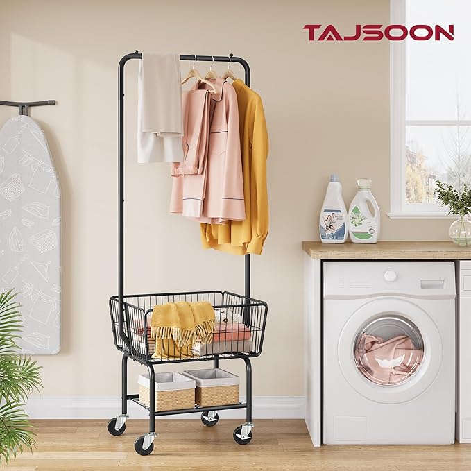 Tajsoon Laundry Cart with Hanging Rack, Metal Laundry Basket with Wheels - Image 6