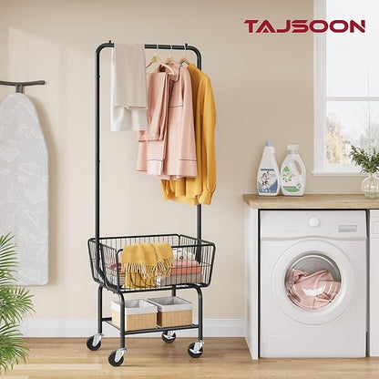 Tajsoon Laundry Cart with Hanging Rack, Metal Laundry Basket with Wheels - Image 6