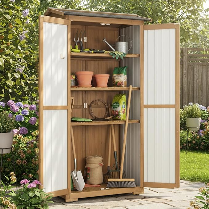 Outdoor Storage Cabinet Weather-Resistant, Wood & Metal Storage Shed - Image 2