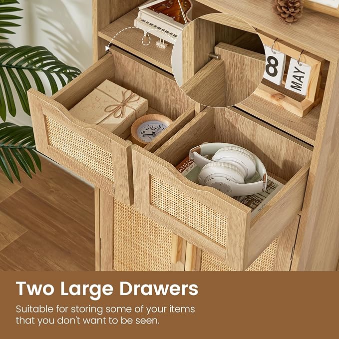 Iwell Storage Cabinet with 2 Drawers & Adjustable Shelves, Rattan Cabinet - Image 5